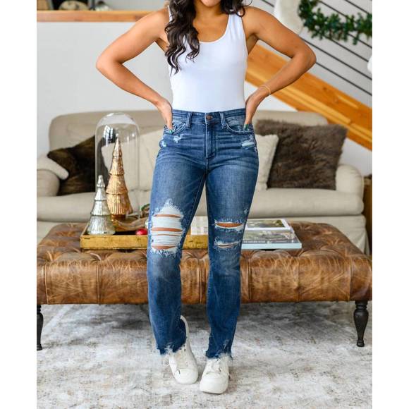 NEW JUDY BLUE high contrast slim bootcut destroyed jeans in dark wash - Picture 2 of 5